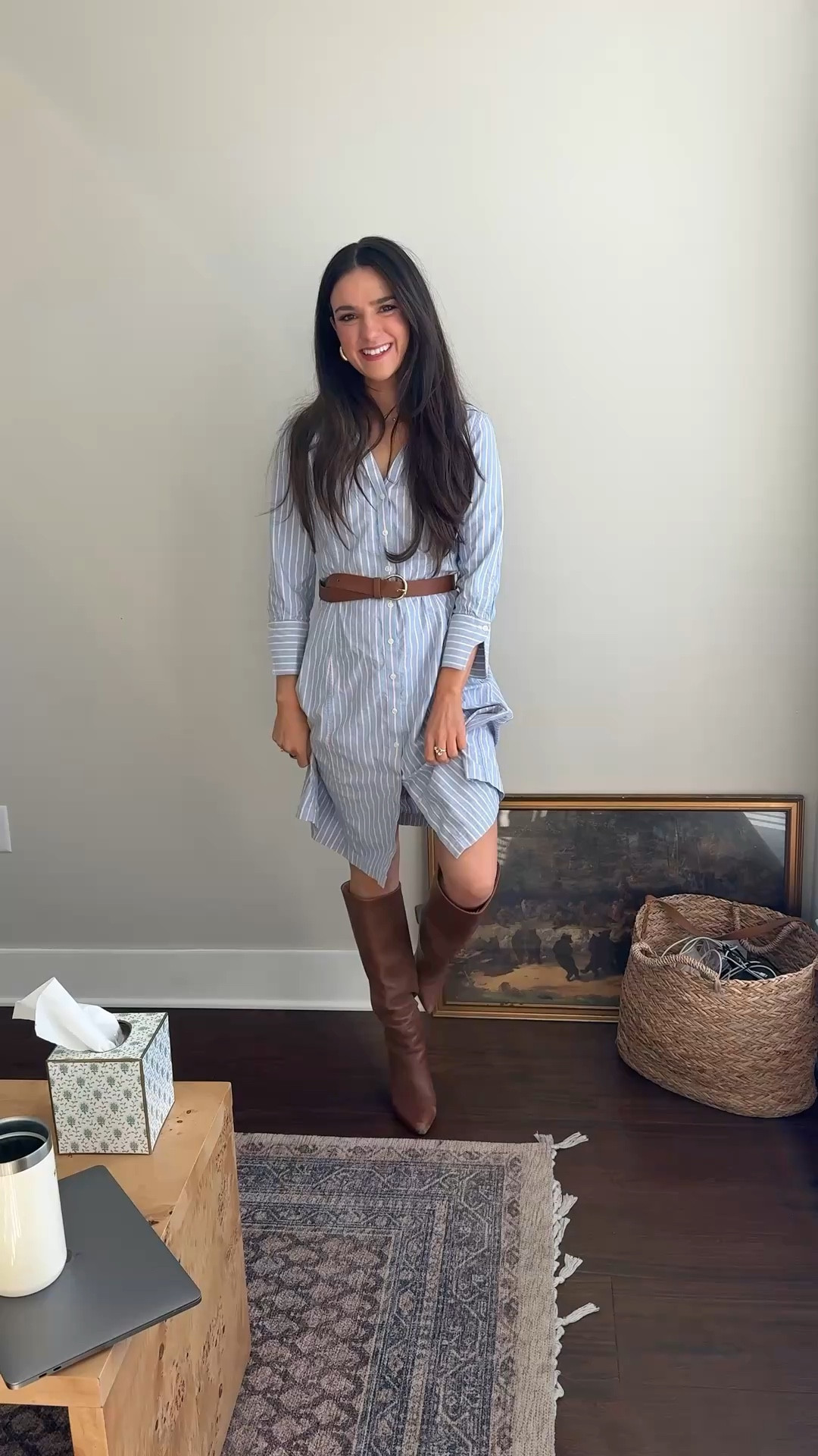 Tuesday work outfit 
Striped shirt dress, brown leather belt and knee high boots 

#LTKSeasonal #LTKWorkwear