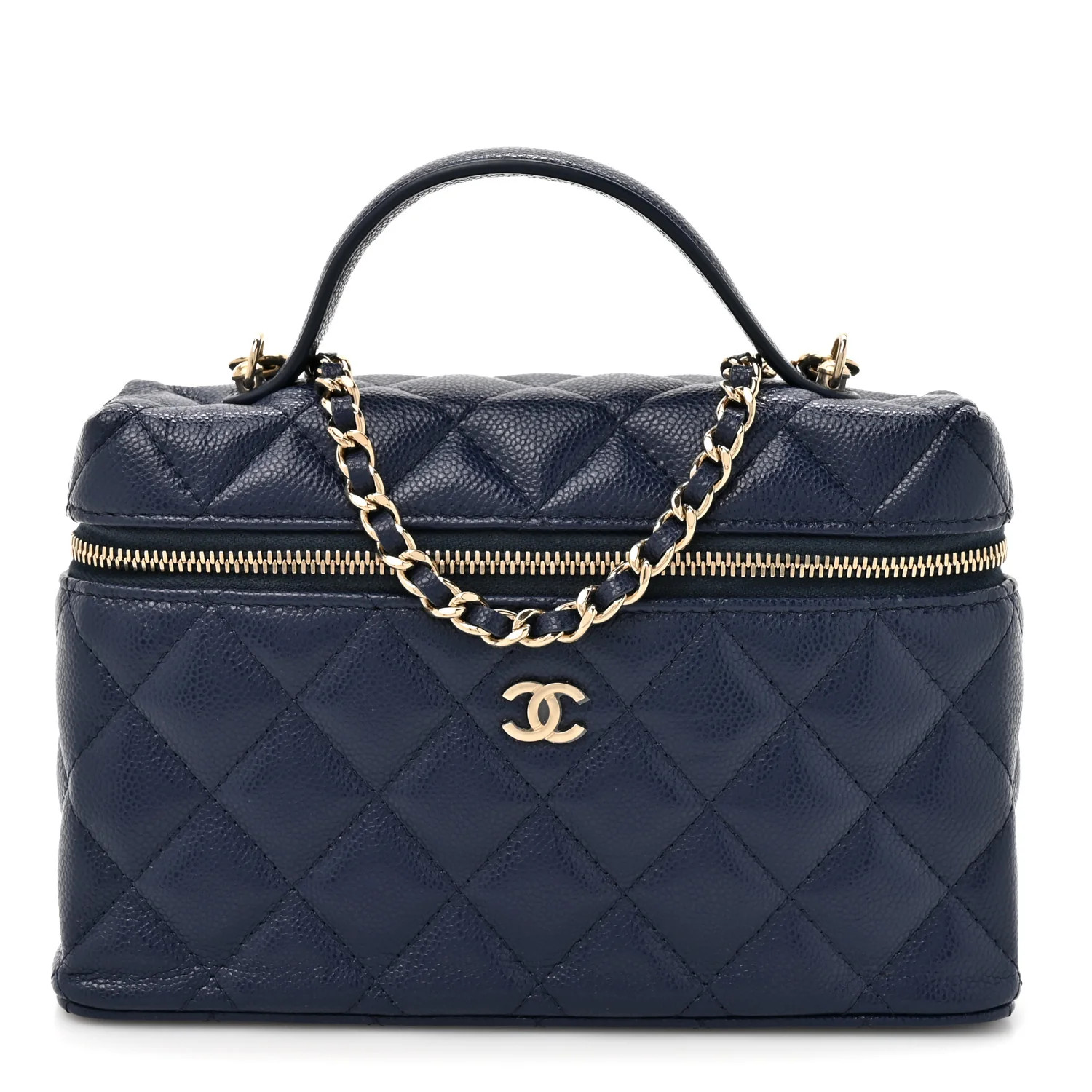 Chanel Caviar Quilted Top Handle Slim Vanity With Chain Navy 1918975 | FASHIONPHILE (US)