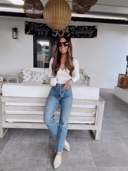 Ivory suede mules are 20% off with code EARLY20 and run TTS 
Linking a similar bodysuit, mine is available with this link: https://seza.ne/QWWw22KhdN
Jeans are tts 


#LTKstyletip #LTKCyberweek