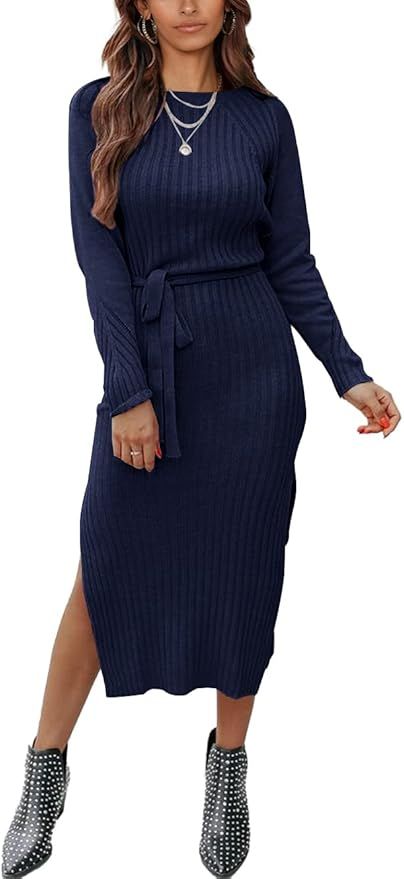 PRETTYGARDEN Women's Long Sleeve Crewneck Slit Tie Waist Slim Fit Sweater Dress Striped Ribbed Kn... | Amazon (US)