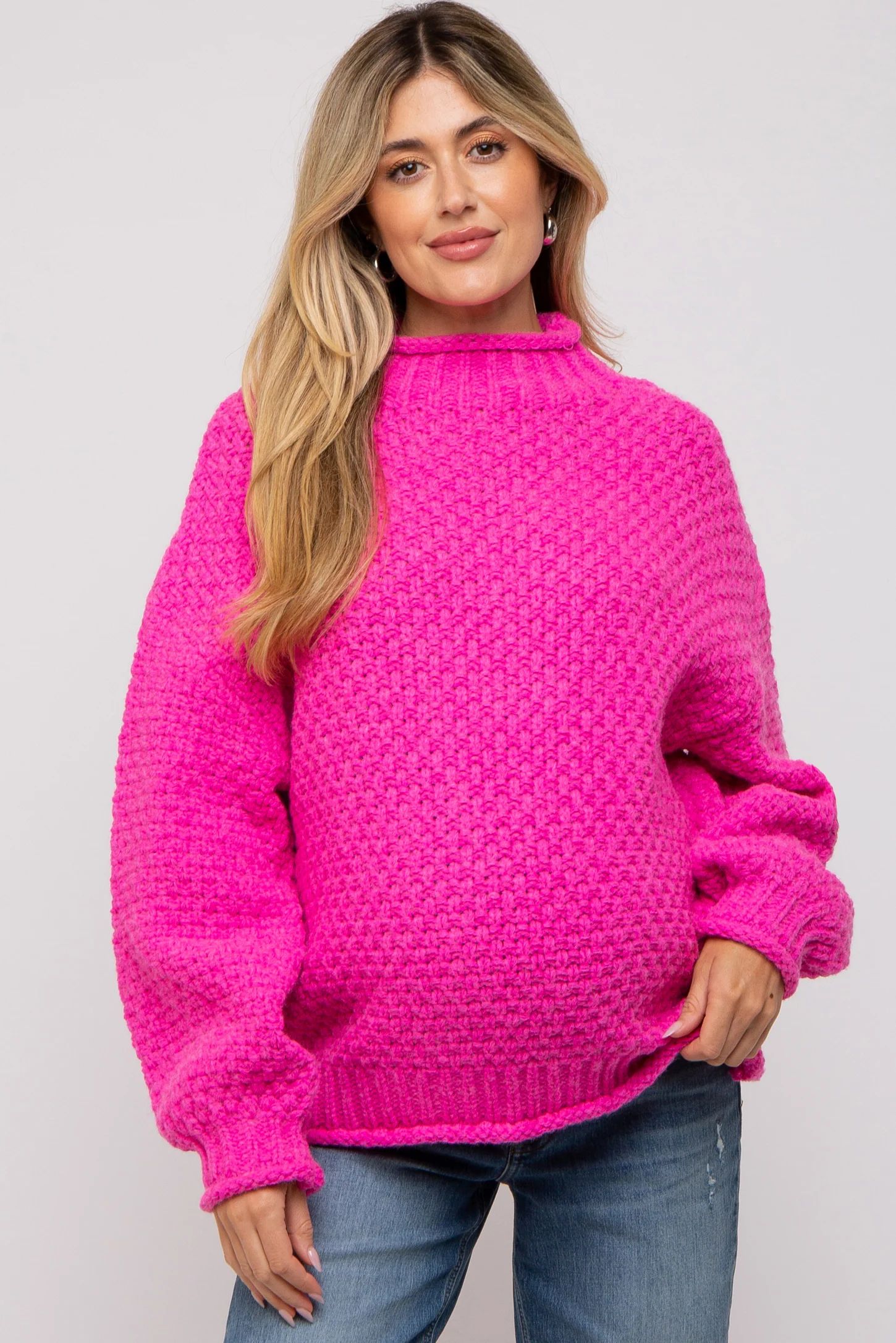 Fuchsia Chunky Knit Mock Neck Maternity Sweater | PinkBlush Maternity