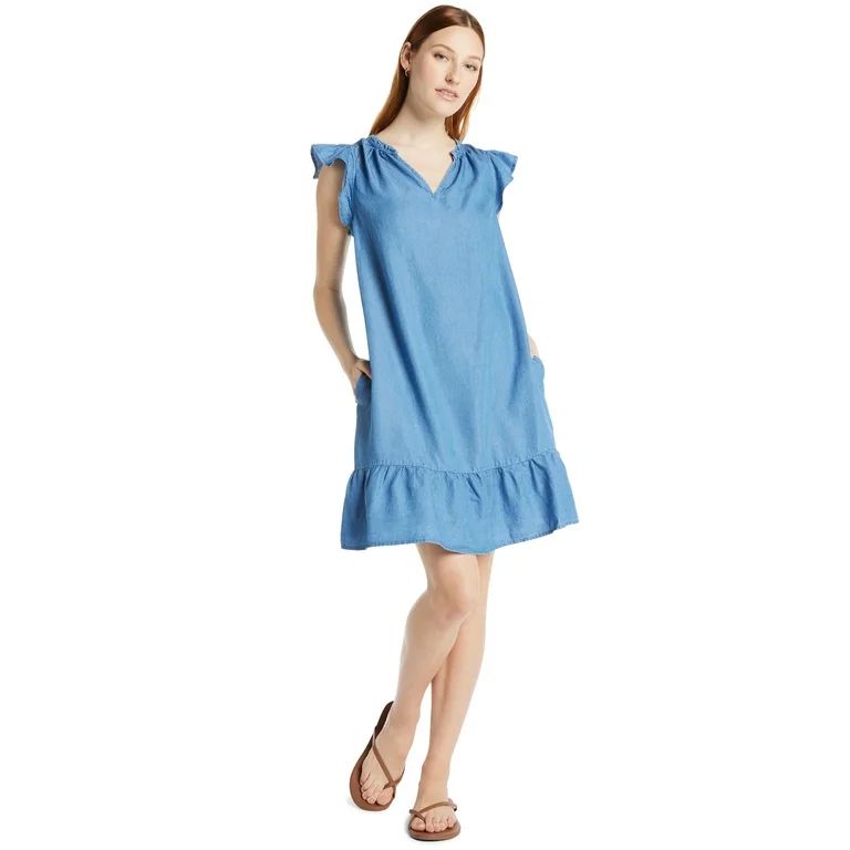 Time and Tru Women's Split Neck Dress with Flounce Hem, Sizes XS-XXXL | Walmart (US)