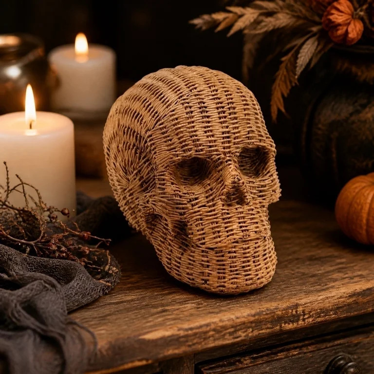 Halloween Resin Skull Decoration, 7.3 in Faux Wicker Skeleton Head Figurine, Spooky Tabletop Deco... | Walmart (US)
