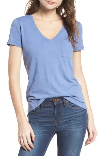 Women's Madewell Whisper Cotton V-Neck Pocket Tee, Size XX-Small - Blue | Nordstrom