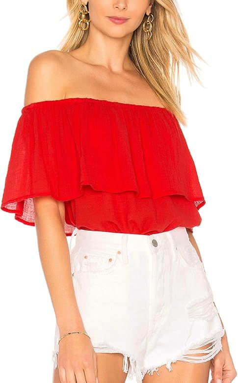 ALLY MAGIC Womens Off Shoulder Ruffle Tops Short Sleeve Summer Shirt C6823 | Amazon (US)