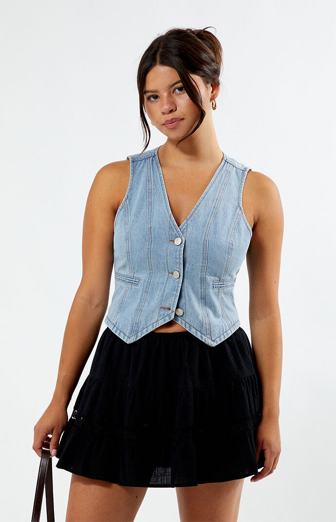 Women's Cropped Denim Vest in Medium Indigo - Size XS | PacSun