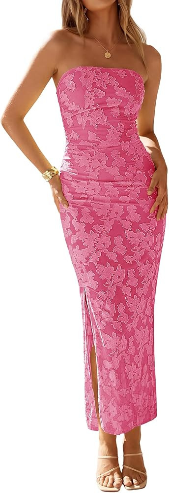 ZESICA Women's 2026 Summer Floral Strapless Maxi Dress Bodycon Tube Side Slit Mesh Wedding Guest ... | Amazon (US)