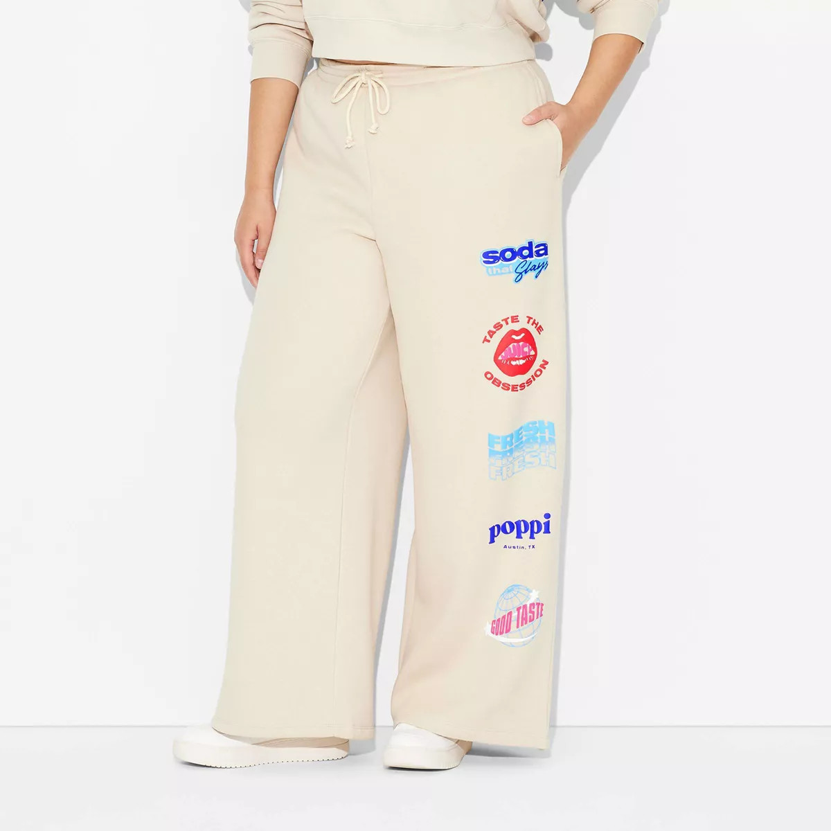 Adult Poppi Stay Juicy Wide Leg Graphic Sweatpants - Beige 1X | Target