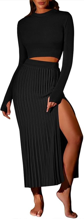 Pink Queen Women's 2 Piece Sweater Outfits Set Long Sleeve Crop Top Ribbed Split Bodycon Midi Lon... | Amazon (US)