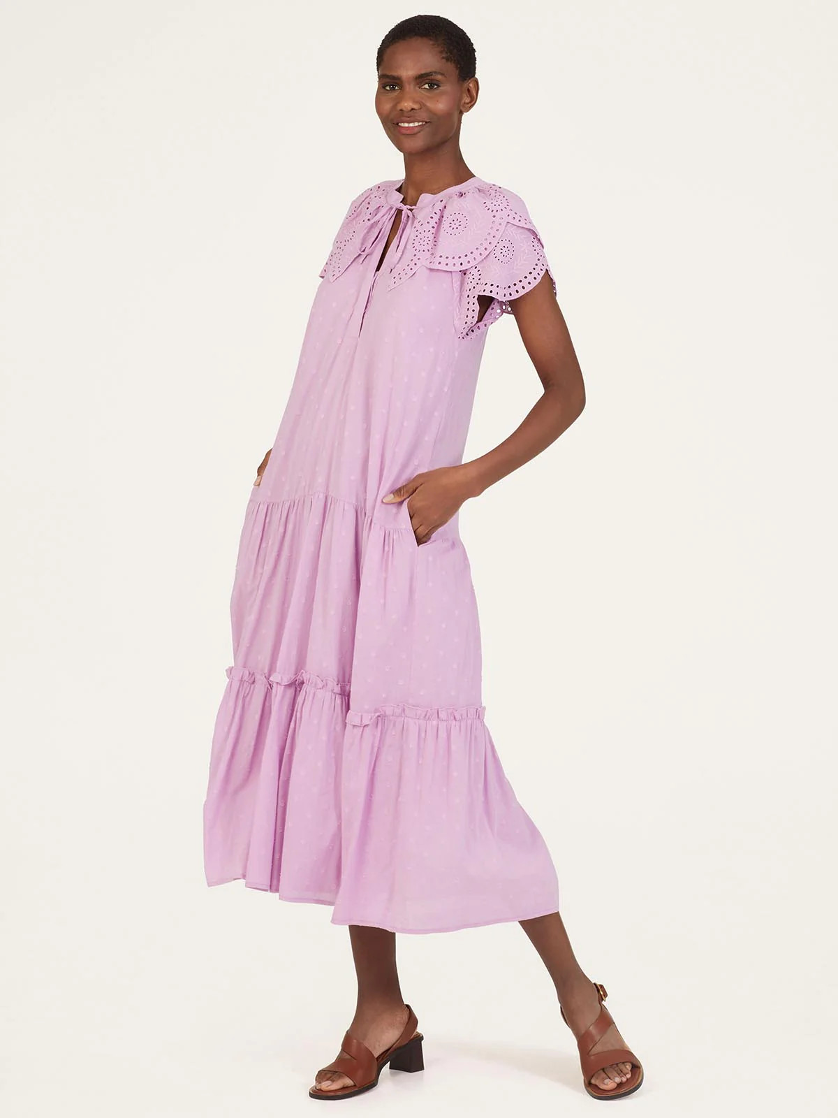 Arabella Organic Cotton Scallop Sleeve Midi Dress - Dusky Lilac | Thought (Global)