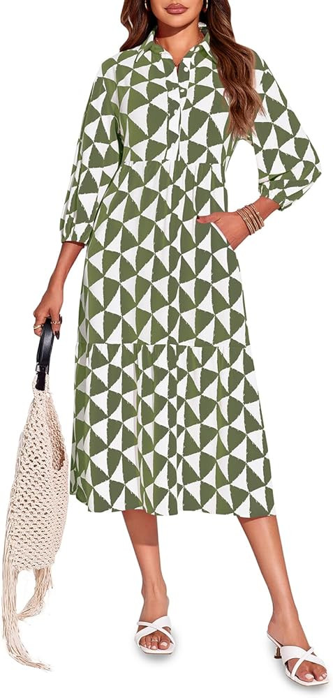 Wenrine Womens Boho Midi Dress Long Sleeve Casual Color Block Beach Button Down Shirt Dress | Amazon (US)