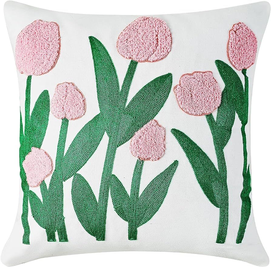Pink Tulip Flower Embroidered Throw Pillow Covers, Farmhouse Decorative Square Floral Cushion Cov... | Amazon (US)