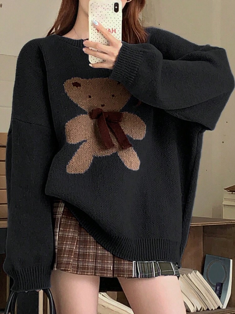 DAZY 1pc Women's Casual Oversized Crew Neck Long Sleeve Cartoon Bear Sweater, Autumn/Winter,Long Sleeve Tops,Fall Women Clothes | SHEIN