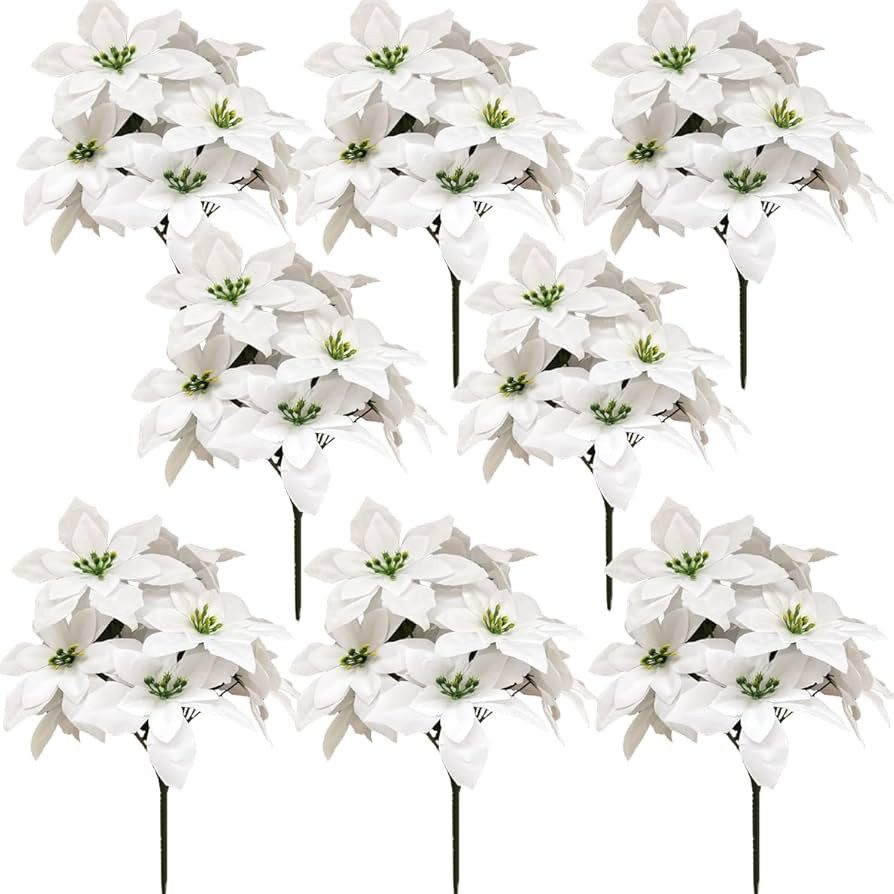 8 Pack 7 Heads Christmas Artificial Poinsettia Flowers Faux Poinsettia Bush Bouquets Silk Poinset... | Amazon (US)
