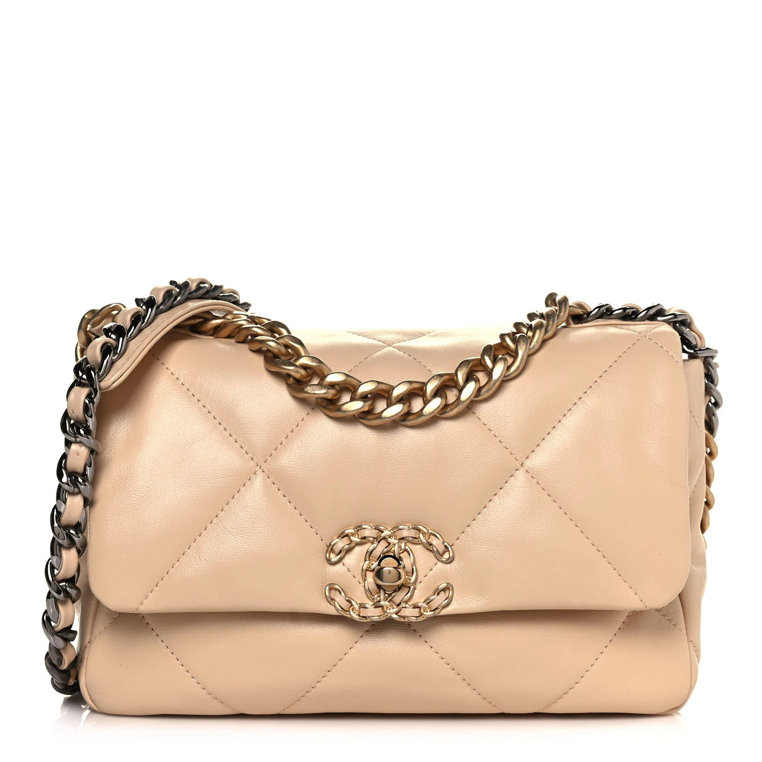 CHANEL Shiny Goatskin Quilted Medium Chanel 19 Flap Beige | FASHIONPHILE | Fashionphile