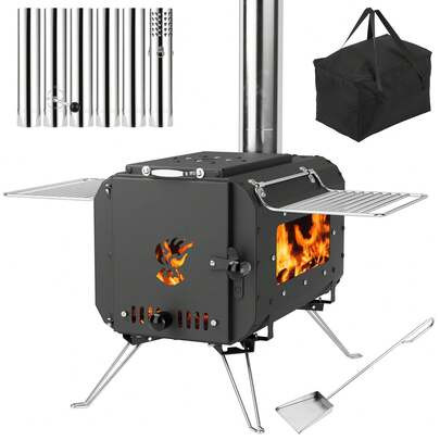 Outdoor Portable Tent Stove, Cast Iron Wood Burning Stove For Camping, Tent Heaters Includes Chimney Pipes And View Glass, For Ice-Fishing, Cookout, H | SHEIN