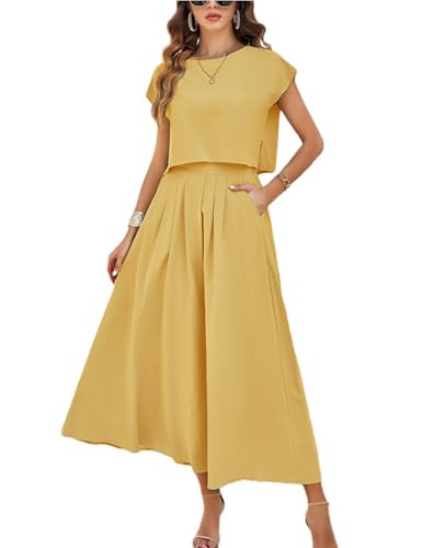 HangNiFang Summer Skirt Sets Women 2 Piece Outfits Cap Sleeve Top Elastic Waist Maxi Dress Sets w... | Amazon (US)