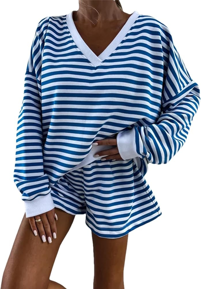 Womens Pajamas Set Lounge Sets Long Sleeve V Neck Tops Sleep Shorts Two Piece Outfits | Amazon (US)