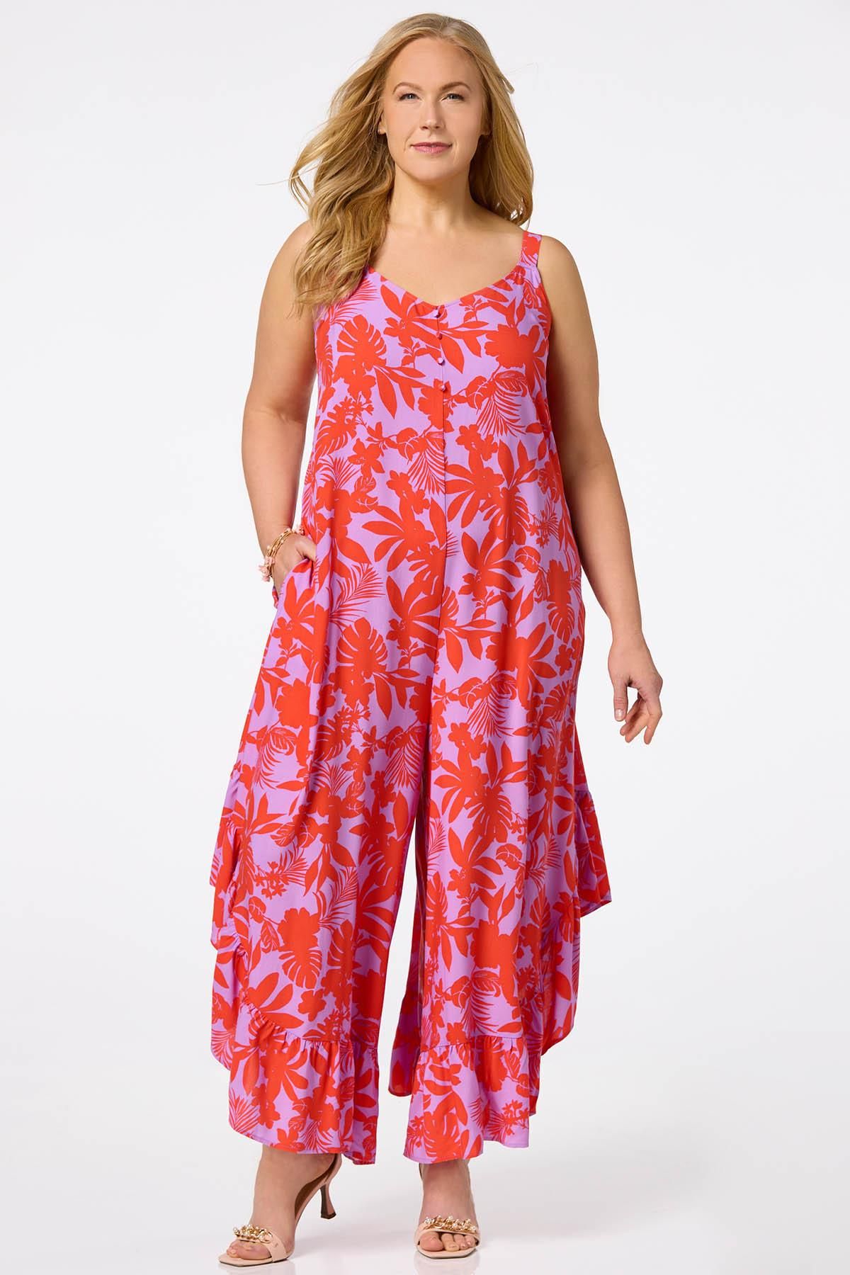 Plus Size Ruffled Palm Print Genie Jumpsuit | Cato Fashions