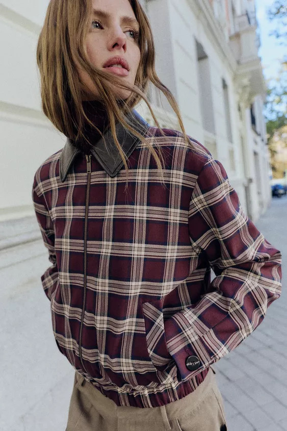 FAUX LEATHER LAPEL CHECK BOMBER JACKET | Zara US