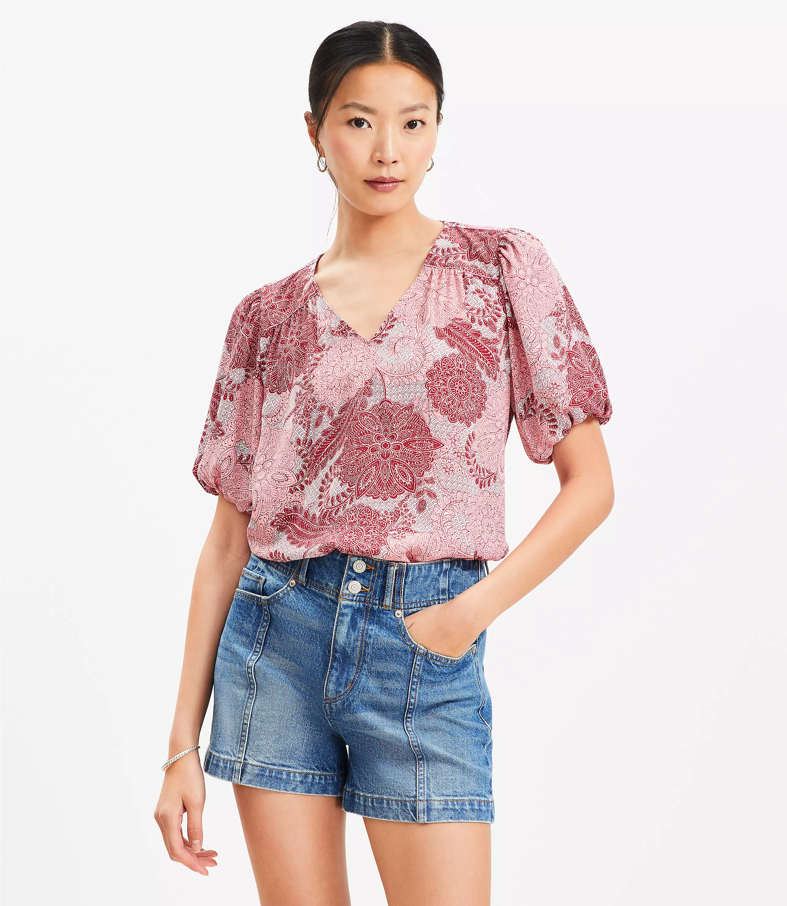 Floral Bubble Sleeve Mixed Media Blouse | LOFT