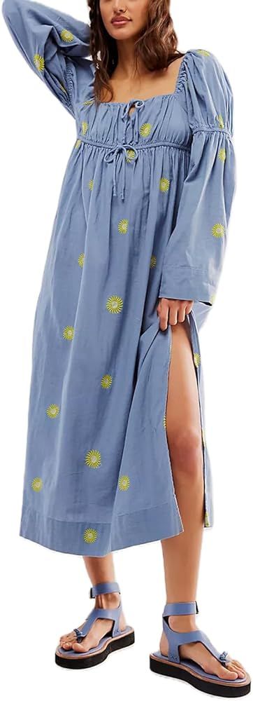 Women Embroidery Flower Long Dress Casual Long Sleeve Square Neck Loose Swing Dress Summer Boho A... | Amazon (US)