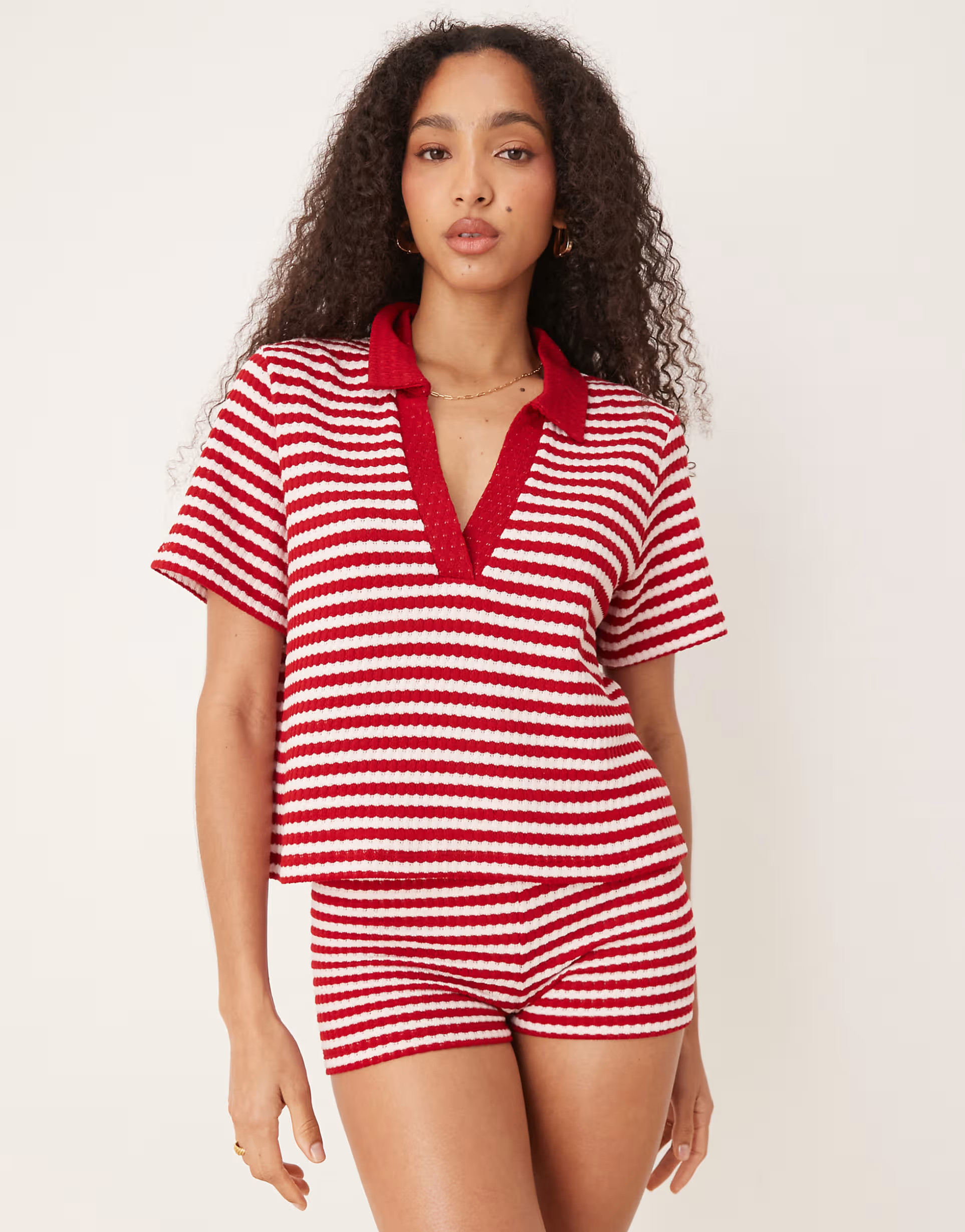 ASOS DESIGN cropped polo collar top in knit red and white stripes - part of a set | ASOS (Global)