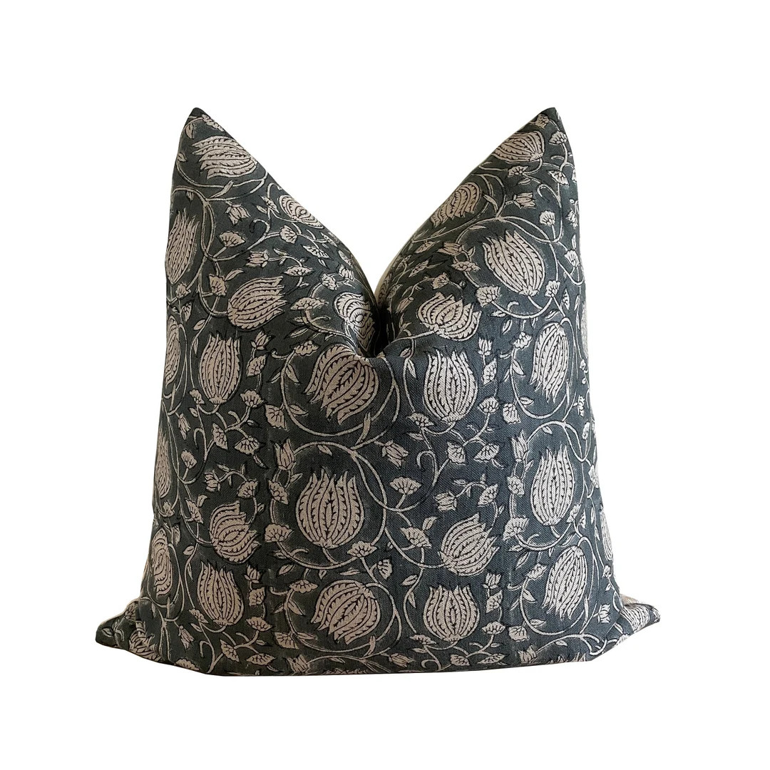 Slate Blue Block Print Pillow Cover Natural Linen Floral - Etsy | Etsy (US)