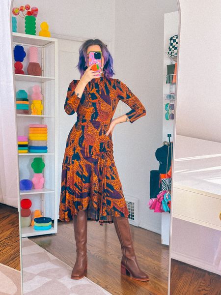 Fall transitional outfit 🍂🌸

Champagne wears a multicolored orange brown black giraffe farm rio dress, brown knee high boots, gold snake earrings.

Dopamine dressing colorful vibrant eclectic maximalist maximalism rainbow multicolored colored hair style fashion inspo color fall

#LTKparties #LTKHoliday #LTKSeasonal