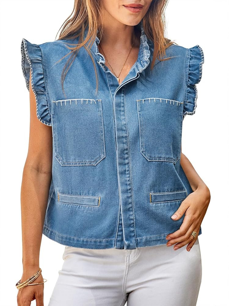 Tankaneo Womens Denim Vest Ruffle Sleeve Summer Causal Cropped Jean Vests Tops Sleeveless Jackets | Amazon (US)