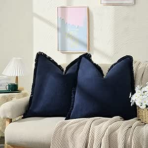 ZWJD Pillow Covers 18x18 Set of 2 Navy Throw Pillow Covers with Fringe Chic Cotton Decorative Pil... | Amazon (US)