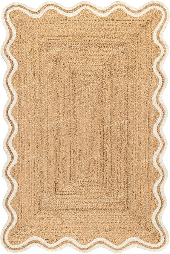 Natural Jute Scalloped Wave Area Rug 5x7 Ft - White Rectangular Double Trim Rugs for Home & Kitch... | Amazon (US)