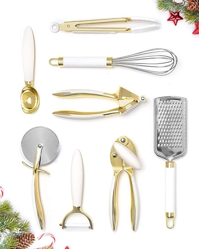 White & Gold Kitchen Tools and Gadgets - Luxe 8PC Cooking Tools and Gadgets with Anti-Slip Handle... | Amazon (US)