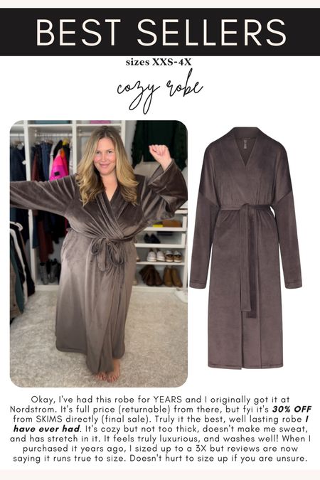 Okay, I've had this robe for YEARS and I originally got it at Nordstrom. It's full price (returnable) from there, but fyi it's 30% OFF from SKIMS directly (final sale). Truly it the best, well lasting robe I have ever had. It's cozy but not too thick, doesn't make me sweat, and has stretch in it. It feels truly luxurious, and washes well! When I purchased it years ago, I sized up to a 3X but reviews are now saying it runs true to size. Doesn't hurt to size up if you are unsure.

#LTKGiftGuide #LTKunder100 #LTKsalealert