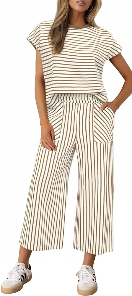 2 Piece Sets for Women Summer Outfits Short Sleeve Top Wide Leg Crop Pants Womens Matching Sets f... | Amazon (US)