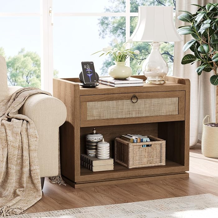31" Wide Rattan Nightstand with Charging Station, End Side Table | Amazon (US)