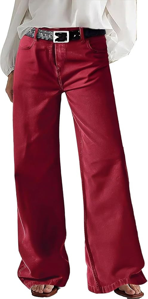 Flamingals Wide Leg Jeans for Women Mid Waist Baggy Stitch Decor Denim Washed Pants Without Belt | Amazon (US)