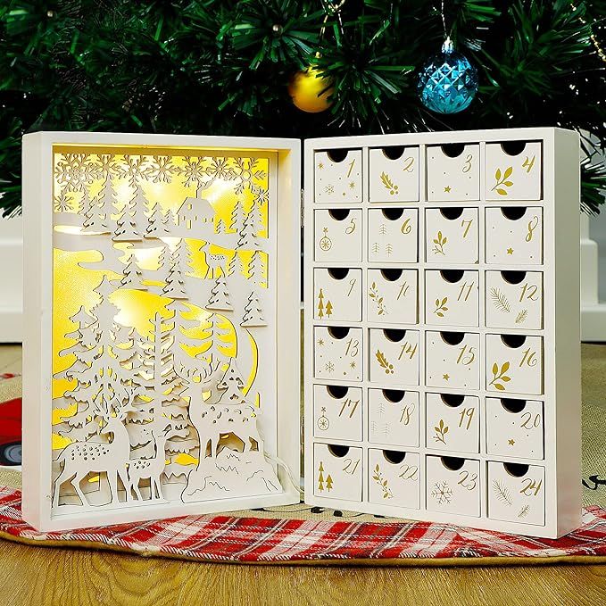 Lulu Home Christmas Wooden Advent Calendar with Drawers, LED Light Up Reusable Advent Book 24 Day... | Amazon (US)