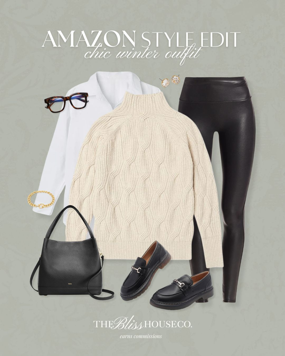 Comfy chic winter style with Amazon essentials! Collared button down, cable knit chunky sweater, faux leather fleece-lined leggings, black loafers, cozy chic, fashion staples, affordable cold weather style, Amazon finds. 

 #LTKootd #LTKFindsUnder50 #LTKFindsUnder100