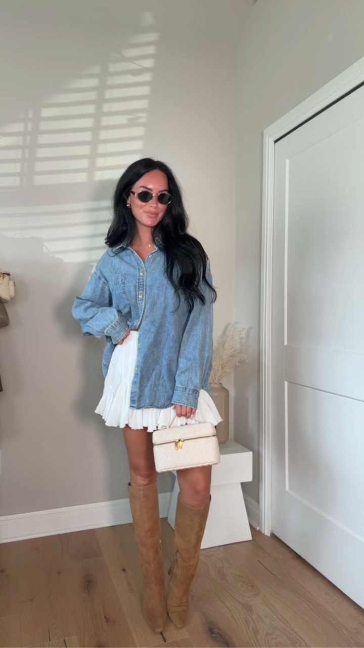 🍂 What a cute fall fit! Loving this Amazon skirt 🤍 If you have any Amazon recs, send them my way 🫶🏻 I’ll have my full outfit + sizing details on my LTK in the Amazon section. 

My sizing: 5’7” | 145 lbs | 32DD
Wearing: size small denim shirt (Aritzia runs slightly big), size small Amazon skirt, and size 7.5 Sam Edelman boots. Everything fits true to size except the shirt!

#LTKShoeCrush #LTKStyleTip #LTKItBag