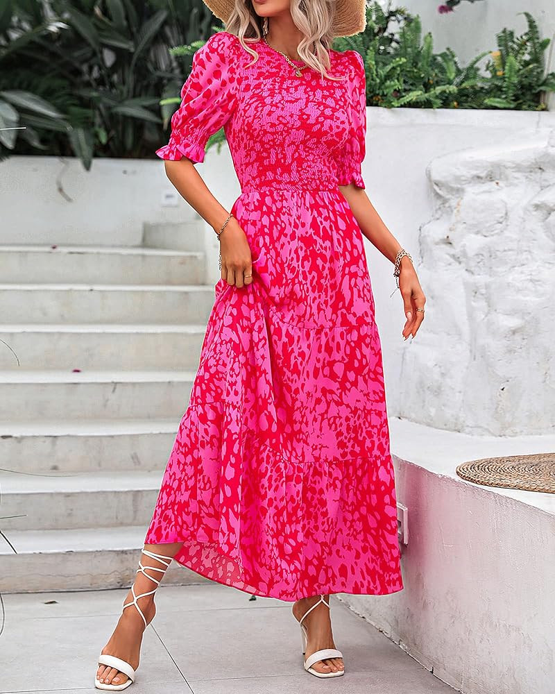 BTFBM Women Casual Summer Dresses 2026 Spring Crew Neck Ruffle Short Sleeve Smocked Floral Boho F... | Amazon (US)