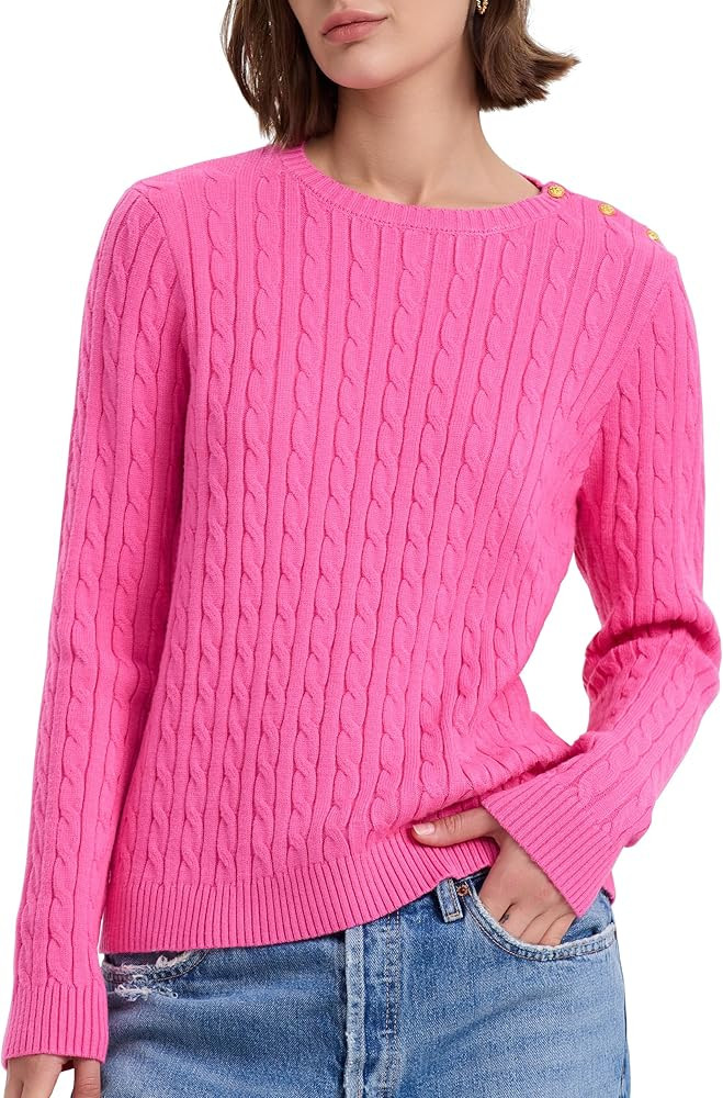 PrettyGuide Women's Cable Knit Sweater Long Sleeve Crewneck Button Shoulder Casual Pullover Sweat... | Amazon (US)