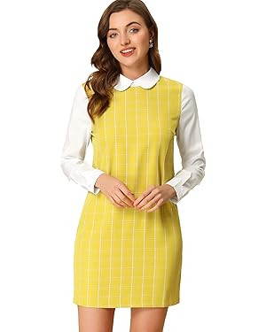 Allegra K Women's Peter Pan Dress 60s Clock Block Mini Long Sleeve Dresses | Amazon (US)