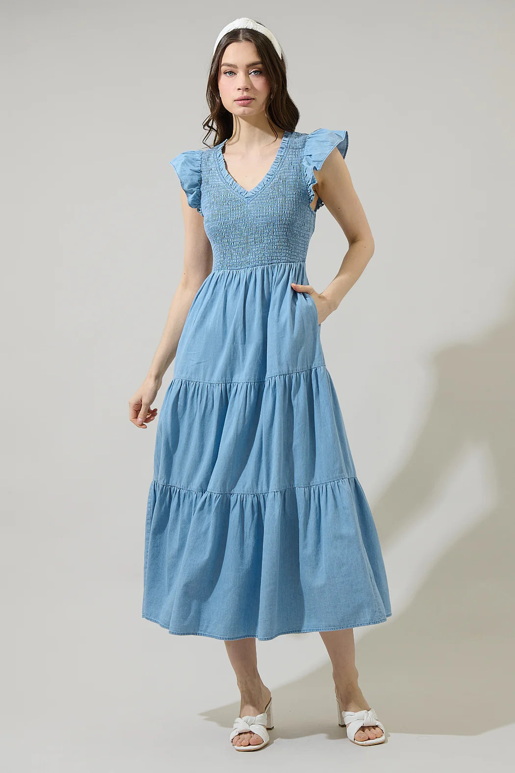 Cierra Denim Sunfire Smocked Bodice Tiered Midi Dress | Sugarlips