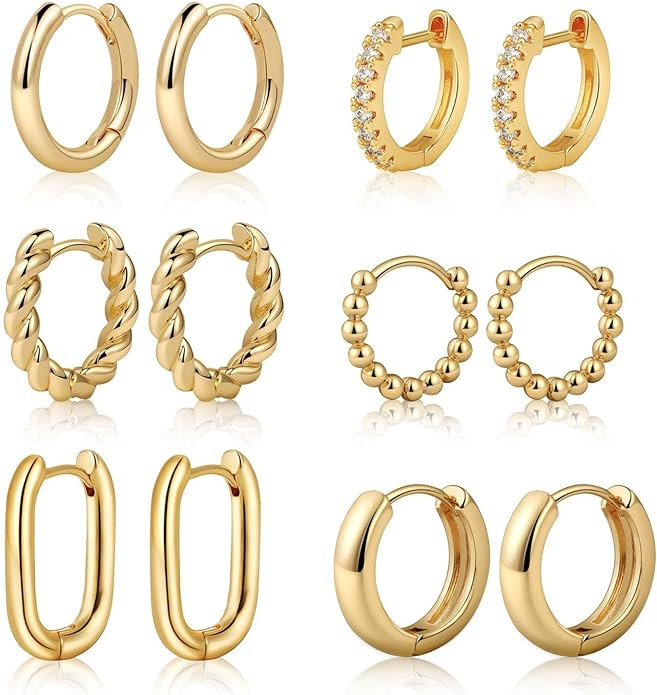 Tasiso Small Hoop Earrings for Women, 6 Pair 14K Gold Plated Huggie Hoop Earrings Lightweight Hyp... | Amazon (US)