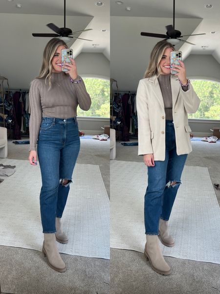 ⭐️ code AFLTK for 20% off ⭐️ 
•Fav jeans ever. TTS - 29 reg length (I’m 5’5 and these are the same as a size 8) •The most beautiful sweater bodysuit. So comfy & lightweight. The ribbed texture is 🤩 
•This wool blazer is gorgeous! ✨ doubles as a coat and is so comfy + flattering. 
•bodysuit & blazer TTS - M


#LTKworkwear #LTKmidsize #LTKSale