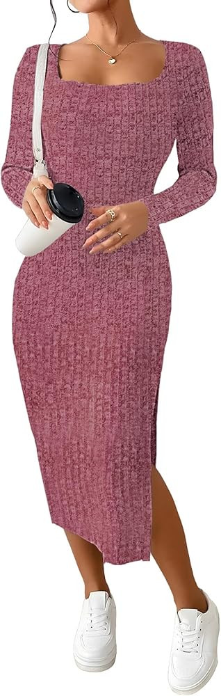 ETCYY NEW Womens Fall Dresses Square Neck Knitted Elastic Basic Winter Bodycon Versatile Slit Dre... | Amazon (US)