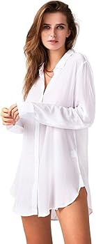 TOUSYEA Sleep Shirts for Women Button Down Shirts Long Sleeve Sleepwear Swimsuit Cover Ups Soft P... | Amazon (US)