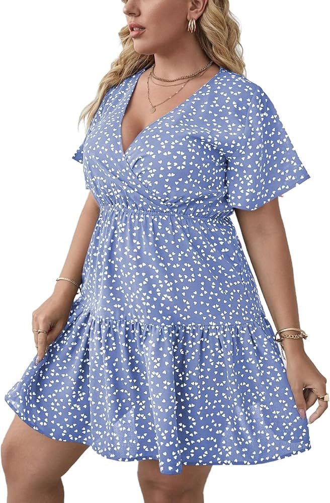 Floerns Women's Plus Size Wrap V Neck Short Sleeve Ruffle Hem A Line Short Dress | Amazon (US)