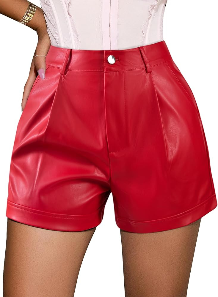 Avanova Women Faux Leather High Waisted Shorts Pleated Casual Summer Shorts | Amazon (US)
